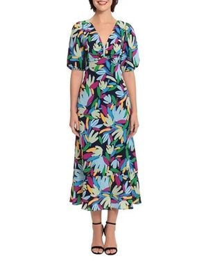 Donna Morgan Short Sleeve Leaf Print Midi Dress - Blue