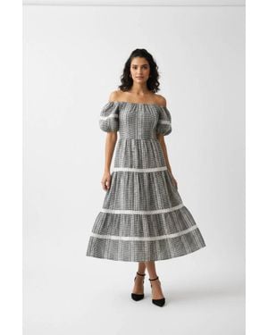 She + Sky Embroidered Gingham Tiered Midi Dress - White