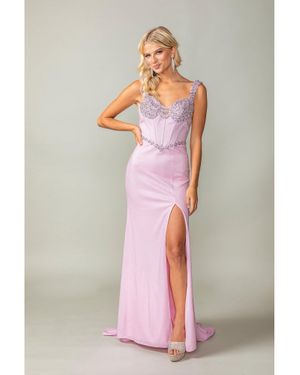 DQ Elegant Floor-Length Evening Gown With Rhinestone Embellishments And Lace-Up Back Detail Prom Dress - Pink