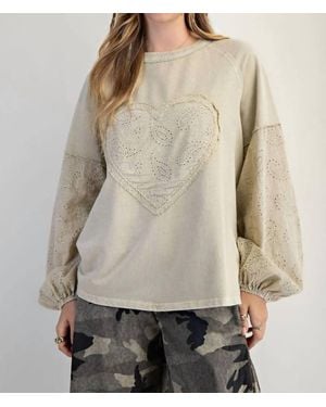 Easel Eyelet Lace Heart Patched Top - Gray