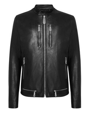 Philipp Plein Leather Moto Jacket - Black