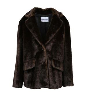 Stand Studio Button Front Faux Fur Coat - Black