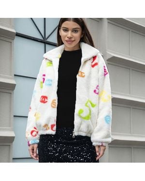 TRUEDAMES Faux Fur Colorful Number Patterned Jacket - Gray