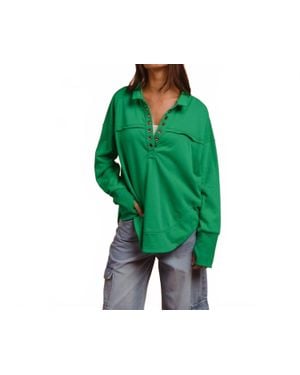 Bibi Half Neck Thumbhole Cuff Pullover Top - Green