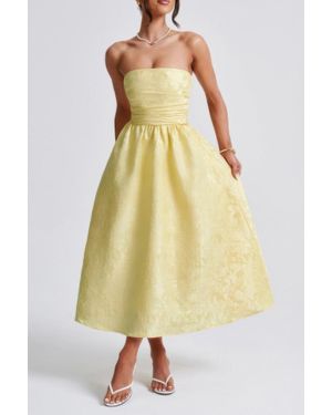TRUEDAMES A Line Strapless Jacquard Satin Embroidery Dress - Yellow