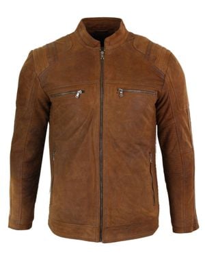 TruClothing Suede Leather Retro Vintage Biker Jacket - Brown