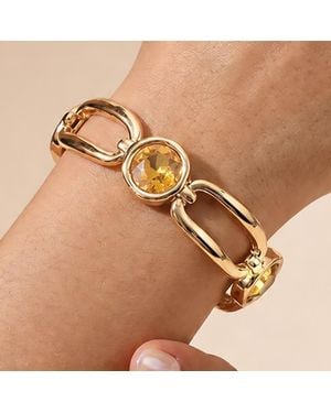 Fashnzfab Round Crystal Hammered Metal Open Oval Stretch Bracelet - Brown