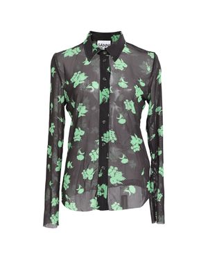 Ganni Printed Button-Down Mesh Shirt - Green