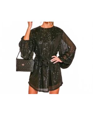 Vine & Love Shimmer Balloon Sleeve Belted Mini Dress - Green