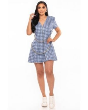 TRUEDAMES Houndstooth Chain-Belt Dress - Blue
