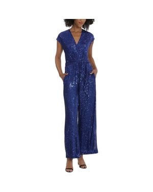 Maggy London Sequined Faux Wrap Jumpsuit - Blue