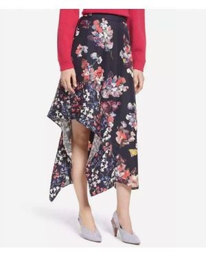 LEWIT Asymmetrical Silk Floral Midi Ruffle Skirt - Red
