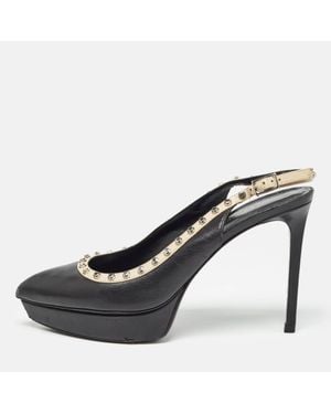 Saint Laurent Leather Studded Platform Pointed Toe Slingback Pumps Size 38.5 - Blue
