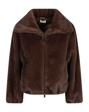 P.A.R.O.S.H. Cropped Faux Fur Jacket With Wide Collar And Gathered Hem - Brown