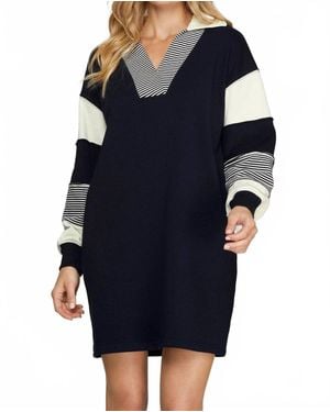 She + Sky Color Block Long Sleeve Dress With Pockets - Blue