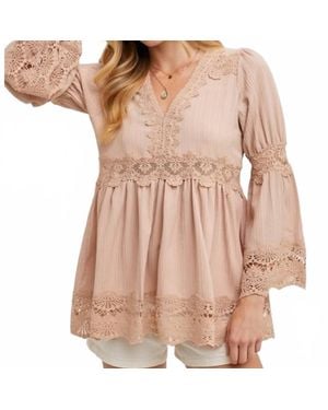 Bluivy Lace Trimmed Bell Sleeve V-Neck Blouse - Brown
