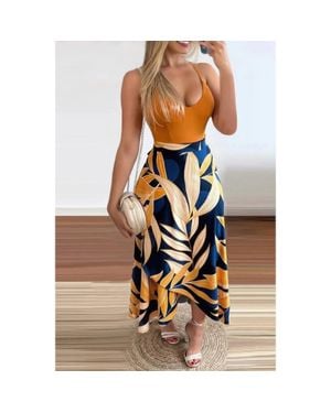 TRUEDAMES Spaghetti Tropical Cross Wrap Sleeveless Dress - Yellow