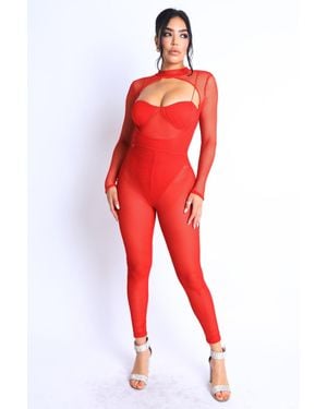 TRUEDAMES Mesh Crop Jumpsuit Set - Red