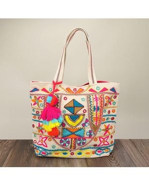 Fashnzfab Abstract Pattern Pom Pom Tassel Tote Bag - Red