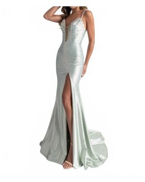 Rachel Allan Satin Sleeveless Slit Prom Gown - White