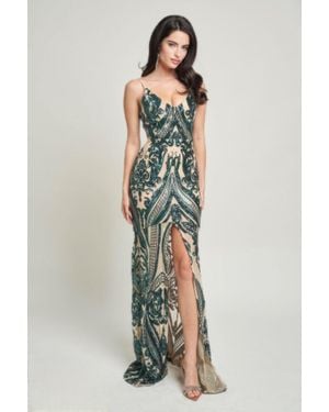 TRUEDAMES Spaghetti Strap Art Deco Sequins Maxi Dress - Green