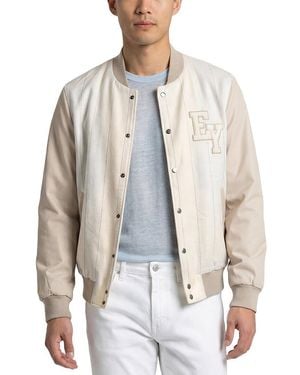 Eleventy Leather-Trim Linen, Wool & Silk-Blend Bomber Jacket - White