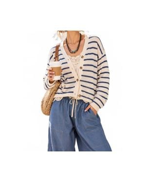 Le Miel Coastal Striped V-Neck Cardigan Sweater - Blue