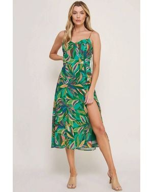 Allie Rose Hailey Tropical Slit Hem Midi Dress - Green
