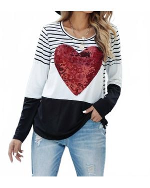 Shiying Fashion Heart Sequins Striped Top - Red