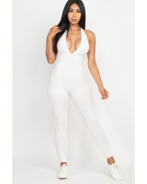 TRUEDAMES Halter V Neck Ribbed Bodycon Jumpsuit - White