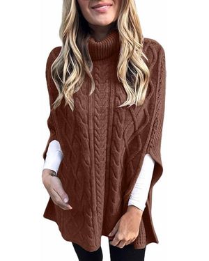 Ninexis Pullover Poncho Cable Knit Turtleneck Sweater - Brown