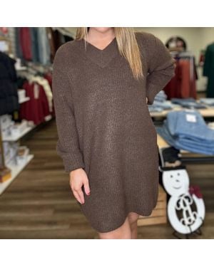 Zenana V Neck Sweater Dress - Brown
