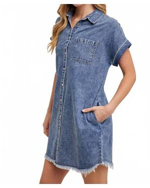 Bluivy Frayed Hem Denim Shirt Dress - Blue
