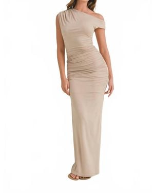 Klesis Asymmetric Off Shoulder Ruched Maxi Dress - Natural