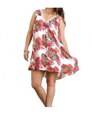 Umgee Floral Print Dress With Lace Details - Red