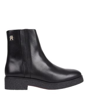 Tommy Hilfiger Leather Crepe Textured Sole Boots - Black