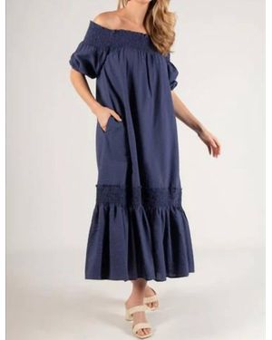 Before You Collection Smocked Off Shoulder Seersuck Midi Dress - Blue