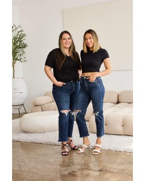 TRUEDAMES Rfm Crop Dylan Full Size Tummy Control Distressed High Waist Raw Hem Jeans - Blue