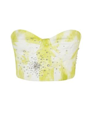 Des Phemmes Tie Dye Embroidered Denim Bustier With Sweetheart Neckline - Yellow
