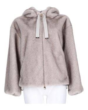 Herno Eco-Fur Bomber Jacket With Hood And Ribbon Drawstrings - Gray