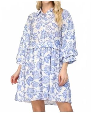 Fate Puff Sleeve Shirt Mini Dress - Blue
