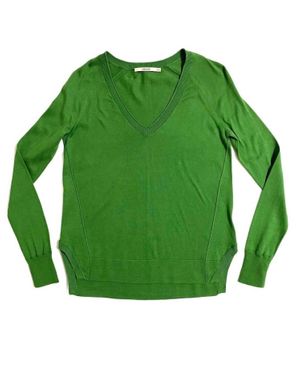 J Brand V-Neck Cotton Side Slits Relaxed Sweater - Green