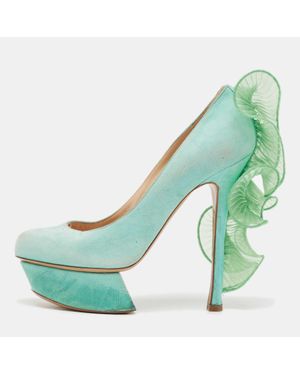 Nicholas Kirkwood Mint Suede Ruffle Trimmed Platform Pumps - Green
