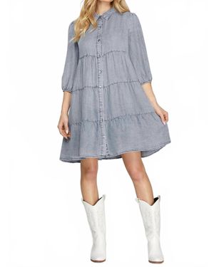 She + Sky Chambray Tiered Button Down Mini Dress - Blue