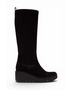 Fly London Suede Leather High Wedge Heel Long Boots - Black