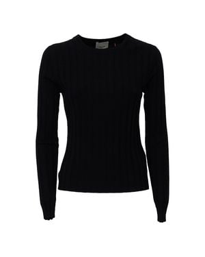Allude Sheer Fitted Ribbed Wool Crew Neck Sweater - Black