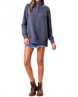 Doe And Rae Funnel Neck Top With Quilted Yoke - Blue
