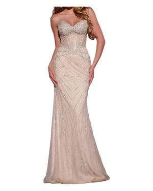 Jovani Strapless Beaded Gown With Sheer Corset Top - Brown