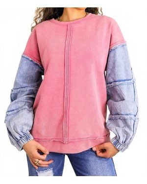 SurelyMine Denim Patch Sleeve Sweatshirt - Pink