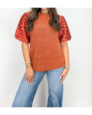 Voya Brynn Braid Neck Weave Pattern Sleeve Top - Orange